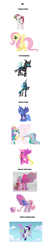 Size: 791x3772 | Tagged: safe, imported from derpibooru, daisy dreams, fluttershy, ploomette, princess cadance, princess celestia, princess luna, queen chrysalis, rarity, changeling, pegasus, pony, alicorn wings, comparison, evolution of winged ponies, g4, glimmer wings, princess wings, raricorn, toy, wings