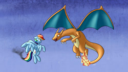 Size: 1191x670 | Tagged: safe, artist:whatsapokemon, imported from derpibooru, rainbow dash, charizard, duo, pokémon