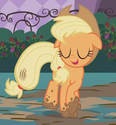 Size: 588x634 | Tagged: safe, imported from derpibooru, screencap, applejack, earth pony, pony, sweet and elite, eyes closed, female, floppy ears, happy, hat, mare, mud, smiling, solo