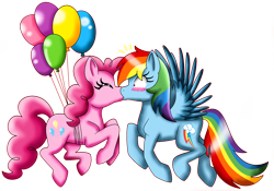 Size: 2160x1516 | Tagged: safe, artist:shadeila, imported from derpibooru, pinkie pie, rainbow dash, earth pony, pegasus, pony, balloon, blushing, duo, female, kiss on the lips, kissing, lesbian, mare, pinkiedash, shipping, then watch her balloons lift her up to the sky