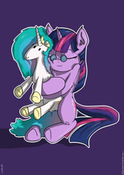 Size: 1024x1448 | Tagged: safe, artist:distoorted, imported from derpibooru, princess celestia, twilight sparkle, female, filly, filly twilight sparkle, fluffy, glasses, hug, plushie, sleeping, sleepy