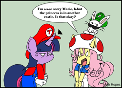 Size: 700x506 | Tagged: safe, artist:zarshi-zarshi, imported from derpibooru, angel bunny, fluttershy, twilight sparkle, anthro, clothes, cross-popping veins, crossover, hat, in another castle, luigi, mario, moustache, nintendo, overalls, speech bubble, super mario bros., toad (mario bros)