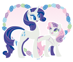 Size: 700x600 | Tagged: dead source, safe, artist:yousukou, imported from derpibooru, rarity, sweetie belle, pony, unicorn, :d, belle sisters, duo, female, full body, happy, heart, holding hooves, looking at each other, looking at someone, no catchlights, open mouth, open smile, siblings, side view, sisters, smiling