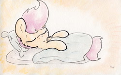 Size: 1177x723 | Tagged: safe, artist:slightlyshade, imported from derpibooru, scootaloo, blanket, female, pillow, sleeping, solo, traditional art, watercolor painting