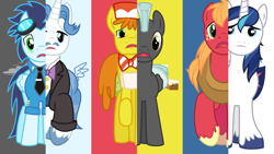 Size: 1280x720 | Tagged: safe, artist:chainchomp2, imported from derpibooru, big macintosh, carrot cake, fancypants, shining armor, soarin', thunderlane, earth pony, pegasus, pony, unicorn, alternate mane six, background six, hilarious in hindsight, male, male six, missing accessory, parody, stallion, swapped cutie marks, vector, what my cutie mark is telling me