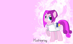 Size: 1153x692 | Tagged: safe, artist:kelseysparrow67, imported from derpibooru, vidala swoon, earth pony, pony, brush, clothes, comb, female, hairbrush, hairspray, mare, raised hoof, scissors, smiling, solo, wallpaper