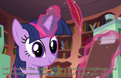 Size: 1225x788 | Tagged: safe, imported from derpibooru, twilight sparkle, pony, bookshelf, clipboard, female, glowing horn, horn, insane pony thread, magic, mare, quill, smiling, solo, telekinesis, text