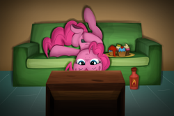 Size: 1000x663 | Tagged: dead source, safe, artist:xioade, imported from derpibooru, pinkie pie, earth pony, pony, bored, bottle, couch, cupcake, female, hot sauce, remote, remote control, solo, television, upside down