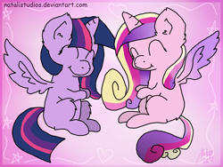 Size: 1024x768 | Tagged: safe, artist:natalistudios, imported from derpibooru, princess cadance, twilight sparkle, alicorn, pony, 30 minute art challenge, comic sans, female, mare, twilight sparkle (alicorn)