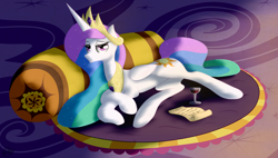 Size: 3692x2096 | Tagged: safe, artist:ookamithewolf1, imported from derpibooru, princess celestia, drink, female, pillow, scroll, solo, wine, wine glass