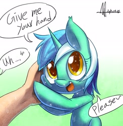 Size: 2545x2610 | Tagged: safe, artist:jggjqm522, imported from derpibooru, lyra heartstrings, human, pony, unicorn, cute, dialogue, female, fourth wall, hand, hand fetish, human fetish, humie, lyrabetes, open mouth, sparkles, sweat, that pony sure does love hands