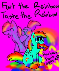 Size: 816x979 | Tagged: safe, artist:spiritwolf2000, imported from derpibooru, rainbow dash, pegasus, pony, fart, female, mare, rainbow fart, skittles, smiling, taste the rainbow, wat