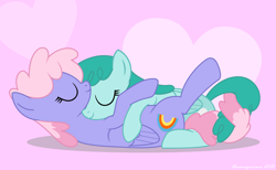 Size: 3316x2037 | Tagged: safe, artist:bluemeganium, imported from derpibooru, rainbowshine, spring melody, sprinkle medley, pony, cuddling, cute, eyes closed, female, heart, intertwined tails, lesbian, love, shipping, snuggling, sprinkleshine