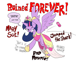 Size: 956x800 | Tagged: safe, artist:hyaroo, imported from derpibooru, twilight sparkle, alicorn, pony, abuse, adventure in the comments, alicorn drama, drama, everything is going to be ok, female, jump the shark, leaving the fandom, mare, mary sue, ruined forever, simple background, teasing, twilight sparkle (alicorn), twilybuse, white background