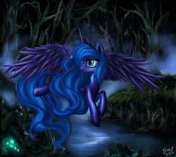 Size: 800x711 | Tagged: safe, artist:daffydream, imported from derpibooru, princess luna, alicorn, pony, everfree forest, female, flying, scenery, solo