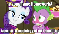 Size: 612x350 | Tagged: safe, edit, edited screencap, imported from derpibooru, screencap, rarity, spike, dragon, pony, unicorn, dragon quest, apron, blushing, caption, clothes, female, image macro, implied sex, innuendo, male, mare, meme, rarity's bad pickup lines, shipping, sparity, straight