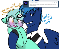 Size: 1080x900 | Tagged: safe, artist:azure-doodle, imported from derpibooru, lyra heartstrings, star hunter, pegasus, pony, unicorn, background pony, blushing, clothes, dialogue, doctor who, female, heart, implied pansexual, jack harkness, looking at you, male, mare, open mouth, ponified, sexually confused lyra, simple background, smiling, stallion, torchwood, tumblr, white background