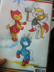 Size: 764x1024 | Tagged: safe, artist:katiecandraw, idw, imported from derpibooru, captain america, iron man, marvel, ponified, steve rogers, the avengers, thor, tony stark