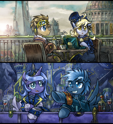 Size: 700x769 | Tagged: safe, artist:saturnspace, imported from derpibooru, derpy hooves, doctor whooves, princess luna, star hunter, time turner, pegasus, pony, clockwise whooves, breakfast, canterlot, clockpunk, contrast, doctor who, female, jack harkness, mare, muffin, night, pointing, tea, wine, wine bottle, wine glass