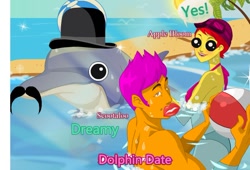 Size: 610x415 | Tagged: safe, imported from derpibooru, dolphin, ball, beach, clothes, date, hat, lips, moustache, ocean, sand, speech bubble, swimming, swimsuit, wat, water, wtf