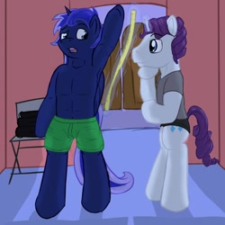 Size: 1280x1280 | Tagged: safe, artist:fuzebox, imported from derpibooru, princess luna, rarity, bare chest, belly button, boxers, briefs, clothes, elusive, gay, male, prince artemis, rule 63, topless, underwear