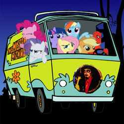 Size: 400x400 | Tagged: safe, imported from derpibooru, applejack, fluttershy, pinkie pie, rainbow dash, rarity, twilight sparkle, 60s spider-man, crossover, mane six, meme, mystery machine, nostalgia, scooby doo, spider-man, svengoolie