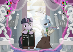 Size: 1200x857 | Tagged: safe, artist:pixelkitties, imported from derpibooru, robert lutece, rosalind lutece, trixie, twilight sparkle, pony, bioshock, bioshock infinite, bipedal, chalkboard, clothes, lutece twins, portal, statue