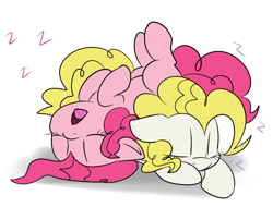 Size: 950x721 | Tagged: safe, artist:lustrous-dreams, imported from derpibooru, pinkie pie, surprise, earth pony, pegasus, pony, adoraprise, cute, diapinkes, eyes closed, female, g1, g1 to g4, g4, generation leap, lying down, mare, on back, onomatopoeia, open mouth, pony pile, sleeping, sleeping surprise, snoring, z, zzz