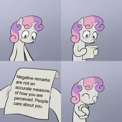 Size: 600x600 | Tagged: safe, artist:lemondevil, imported from derpibooru, sweetie belle, blushing, comic, crying, exploitable meme, happy, hug, meme, note, paper, sweetie hugs a note, sweetie's note meme, truth