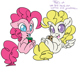 Size: 950x835 | Tagged: safe, artist:lustrous-dreams, imported from derpibooru, pinkie pie, surprise, earth pony, pegasus, pony, adoraprise, cookie, cute, dialogue, diapinkes, drink, drinking, filly, floppy ears, g1, g1 to g4, g4, generation leap, juice box, looking at you, simple background, sitting, smiling, straw, underhoof, white background, younger