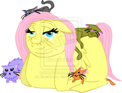 Size: 600x456 | Tagged: safe, artist:sowcrazy, imported from derpibooru, fluttershy, crazy cat lady, elderly, fat, fattershy, jabba the hutt, obese, watermark