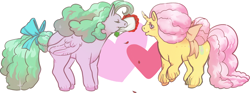 Size: 1024x381 | Tagged: safe, artist:haskap, imported from derpibooru, lavender lace, red roses, pegasus, pony, unicorn, colored hooves, cutie mark, eyes closed, female, g1, hooves, horn, mare, mouth hold, rose, solo, wings