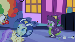 Size: 1280x720 | Tagged: safe, imported from derpibooru, screencap, alula, mayor mare, pluto, spike, luna eclipsed, clown, costume, disapproval, faic, out of context, scared, scrunchy face