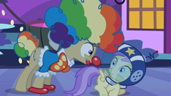 Size: 1280x720 | Tagged: safe, imported from derpibooru, screencap, alula, mayor mare, pluto, luna eclipsed, clown, faic, scared, scrunchy face