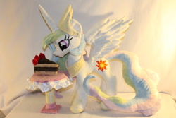 Size: 900x600 | Tagged: safe, artist:karasunezumi, imported from derpibooru, princess celestia, alicorn, pony, cake, cakelestia, irl, photo, plushie, solo, spread wings, wings