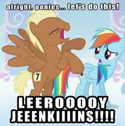 Size: 500x506 | Tagged: safe, edit, edited screencap, imported from derpibooru, screencap, rainbow dash, pegasus, pony, season 1, sonic rainboom (episode), background pony, eyes closed, frown, image macro, leeroy jenkins, leeroy wingkins, meme, open mouth, rearing, spread wings, warcraft, world of warcraft, worried