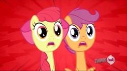 Size: 1440x810 | Tagged: safe, imported from derpibooru, screencap, apple bloom, scootaloo, one bad apple, reaction image