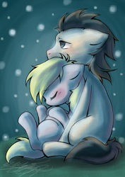 Size: 1066x1509 | Tagged: safe, artist:midnameowfries, imported from derpibooru, derpy hooves, doctor whooves, time turner, pegasus, pony, chest fluff, doctorderpy, female, male, mare, pregnant, shipping, snow, snowfall, straight
