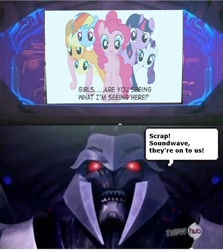 Size: 896x1004 | Tagged: safe, imported from derpibooru, applejack, fluttershy, pinkie pie, rainbow dash, rarity, twilight sparkle, comparison, fourth wall, hub logo, hubble, mane six, megatron, the hub, transformers, transformers prime