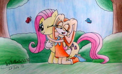 Size: 1555x945 | Tagged: safe, artist:chikisxsxs210, imported from derpibooru, fluttershy, butterfly, cream the rabbit, crossover, sonic the hedgehog (series), traditional art