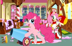 Size: 2144x1378 | Tagged: safe, artist:biosonic100, imported from derpibooru, pinkie pie, amy rose, crossover, party cannon, sonic the hedgehog (series)