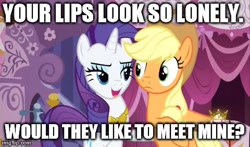 Size: 480x283 | Tagged: safe, edit, edited screencap, imported from derpibooru, screencap, applejack, rarity, earth pony, pony, unicorn, magical mystery cure, caption, female, hub logo, image macro, imgflip, implied kissing, lesbian, mare, meme, rarijack, rarity's bad pickup lines, shipping