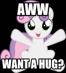 Size: 900x994 | Tagged: safe, imported from derpibooru, sweetie belle, bronybait, cute, diasweetes, hug, hug request, image macro, meme