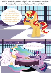 Size: 2503x3568 | Tagged: safe, artist:t-3000, imported from derpibooru, princess celestia, sunset shimmer, twilight sparkle, alicorn, pony, unicorn, cake, comic, dialogue, hilarious in hindsight, twilight sparkle (alicorn)