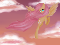 Size: 1024x768 | Tagged: safe, artist:breezzie, imported from derpibooru, fluttershy, pegasus, pony, colored pupils, female, flying, looking at you, mare, sky, solo, sunset, windswept mane