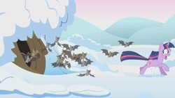 Size: 1280x720 | Tagged: safe, imported from derpibooru, screencap, twilight sparkle, bat, pony, unicorn, winter wrap up, animal, burrow, female, looking back, mare, running, scared, snow, solo, unicorn twilight, we can't stop here this is bat country