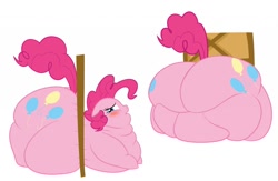 Size: 1280x837 | Tagged: safe, artist:calorie, imported from derpibooru, pinkie pie, earth pony, pony, blushing, butt, buttstuck, fat, female, impossibly large butt, mare, morbidly obese, obese, piggy pie, plot, pudgy pie, simple background, stuck, the ass is monstrously oversized for tight entrance, white background