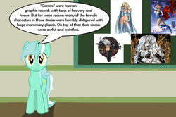 Size: 887x588 | Tagged: safe, imported from derpibooru, lyra heartstrings, black cat, chalkboard, emma frost, human studies101 with lyra, lady death, most common superpower, power girl