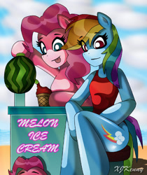 Size: 550x656 | Tagged: safe, artist:xjkenny, imported from derpibooru, pinkie pie, rainbow dash, anthro, semi-anthro, unguligrade anthro, arm hooves, food, ice cream, pinkie bank, sitting, watermelon