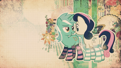 Size: 2049x1152 | Tagged: safe, artist:madblackie, imported from derpibooru, bon bon, lyra heartstrings, sweetie drops, clothes, socks, striped socks, wallpaper